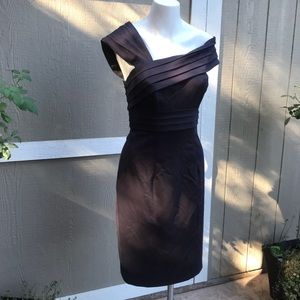 Black Halo One-Shoulder Pleated Sheath Dress in Black